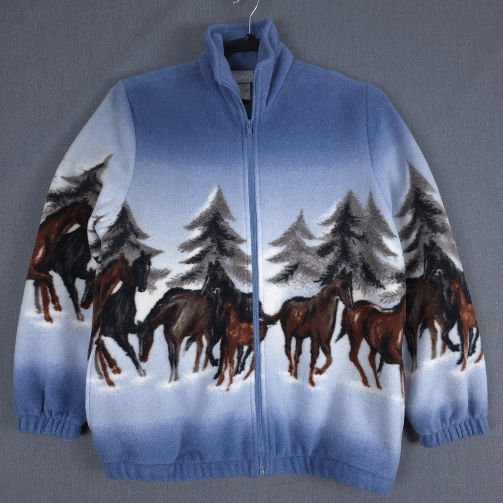 Vintage 90s Blair Horses Fleece Jacket Medium All Over Print Full Zip Winter AOP